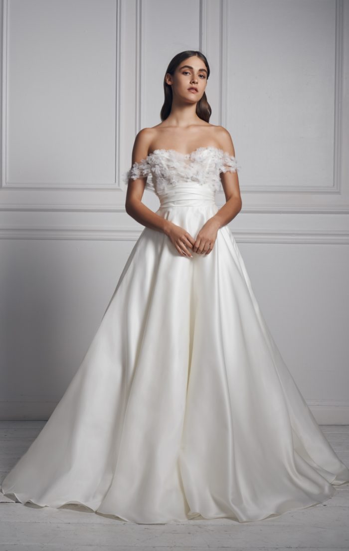 Off the shoulder ball gown wedding dress | Anne Barge Collection