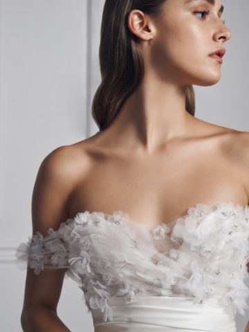 Detail of off-the-shoulder wedding dress with floral applique