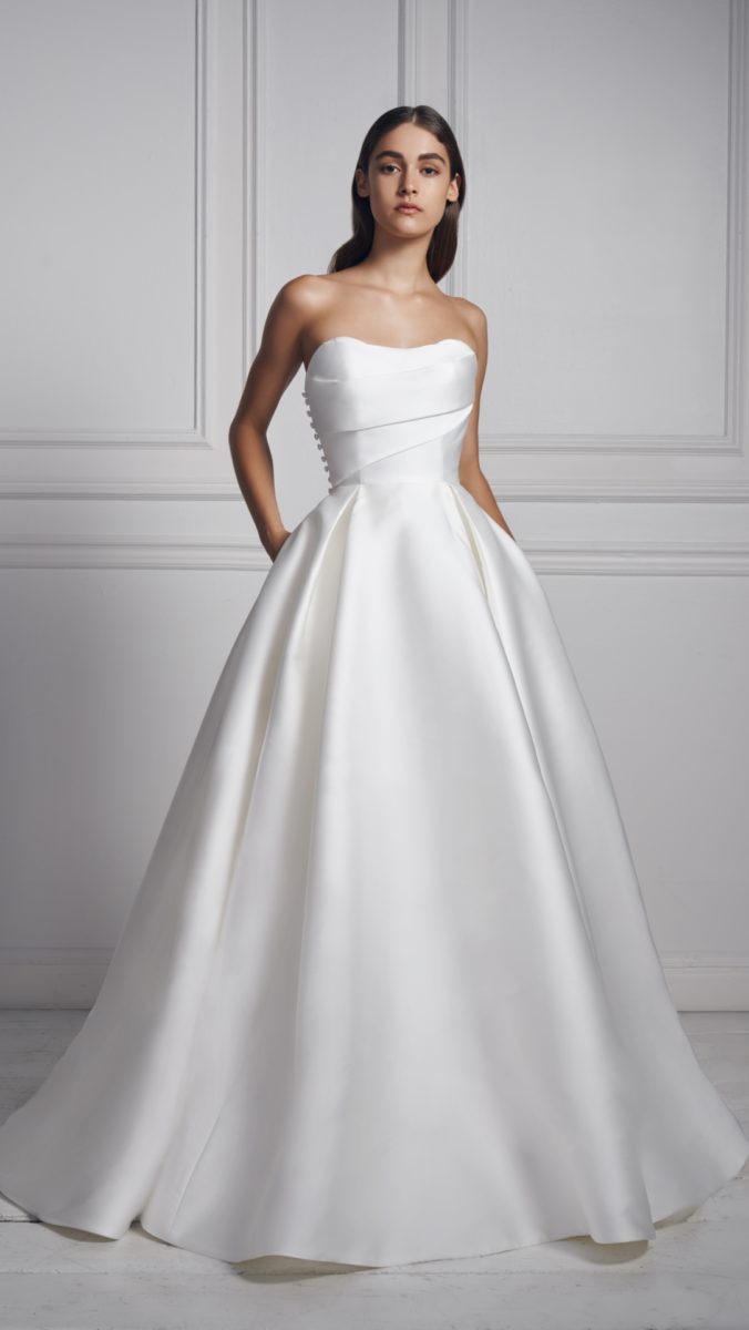 Strapless silk wedding dress by Anne Barge