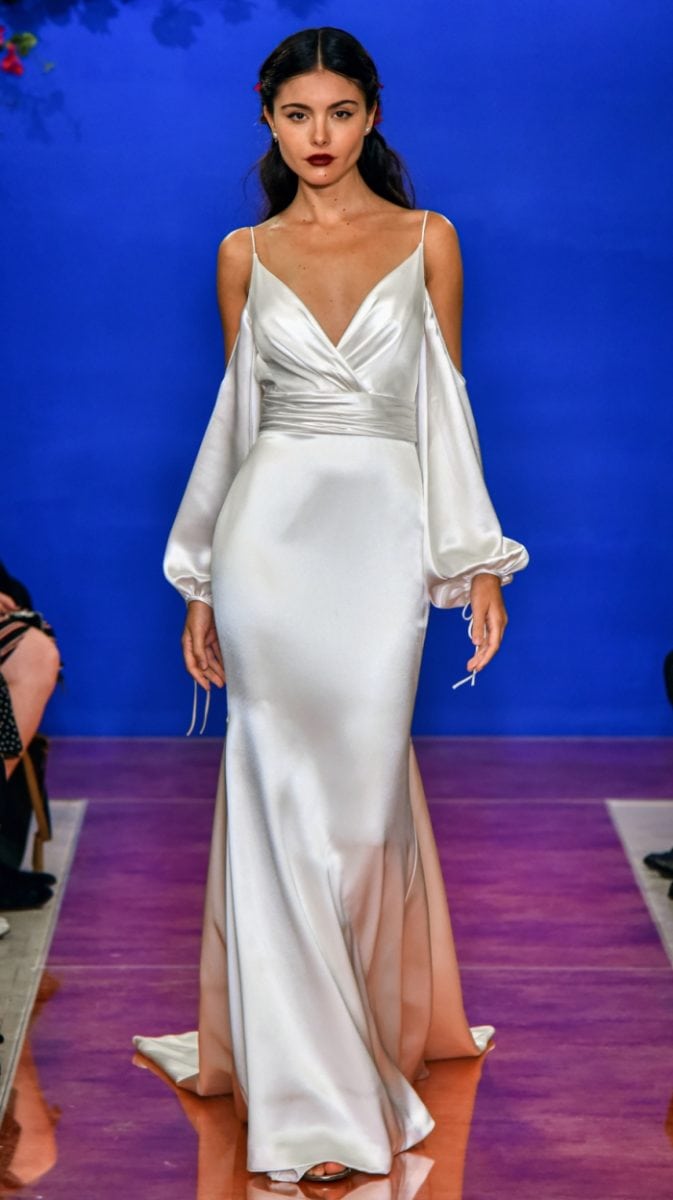 Satin cold shoulder wedding dress by Theia