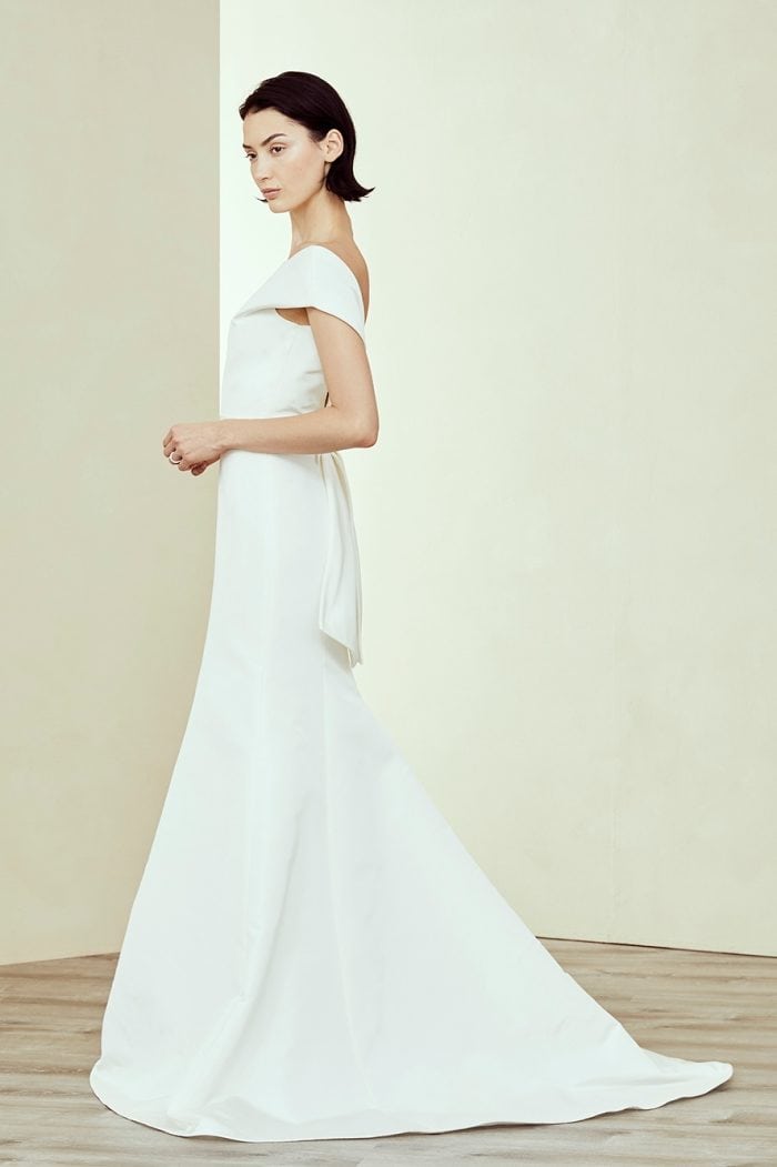 Silk off the shoulder bow back bridal gown