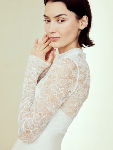 Sheer lace top long sleeve ball gown