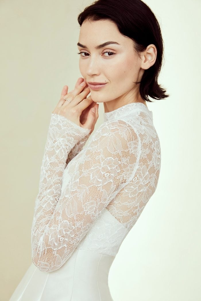 Sheer lace top long sleeve ball gown