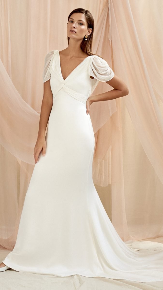 Camille Savannah Miller draped cap sleeve wedding dress