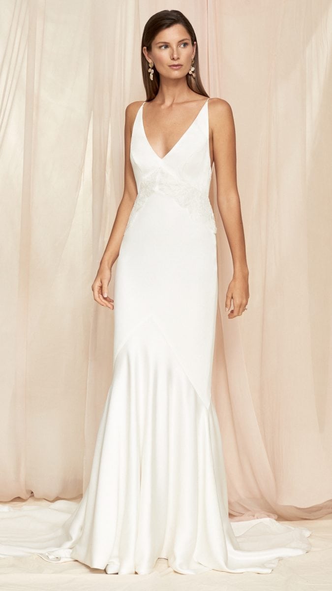 Spaghetti strap v neck wedding dress