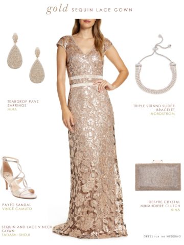 Gpld lace gown for a wedding with accessories