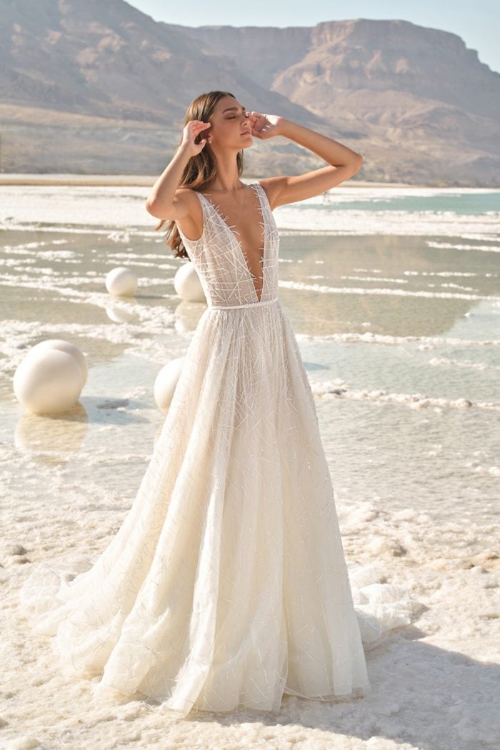 Silk tulle beaded ball gown with plunge neckline