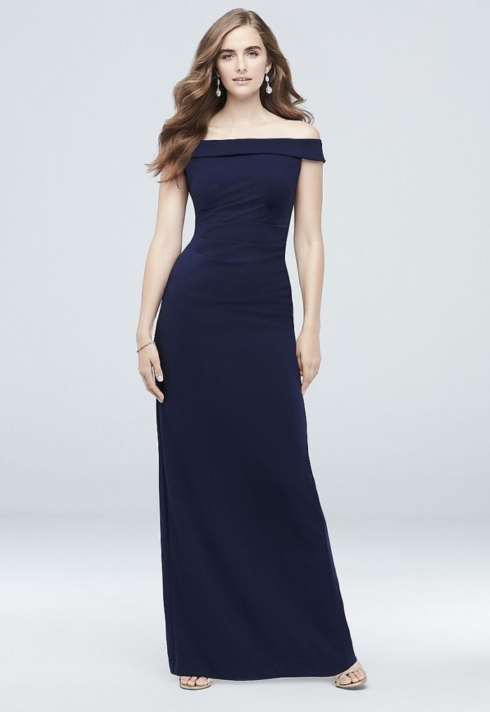 Navy blue off the shoulder bridesmaid dress