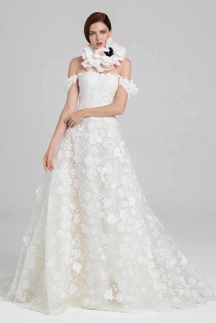 April Peter Langner off the shoulder floral lace bridal gown