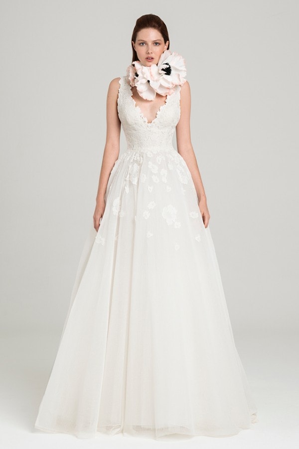 V neck floral overlay wedding dress