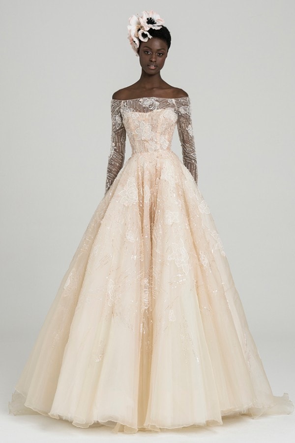 illusion blush off the shoulder tulle ballgown