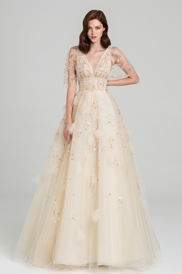 Ball gown with sheer embriodered sleeves