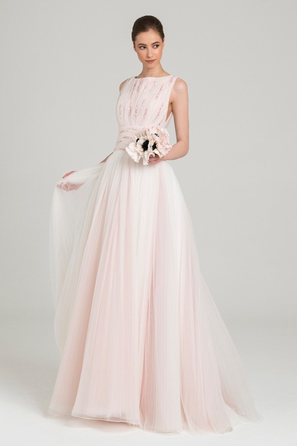 Blush pleated tulle bridal gown