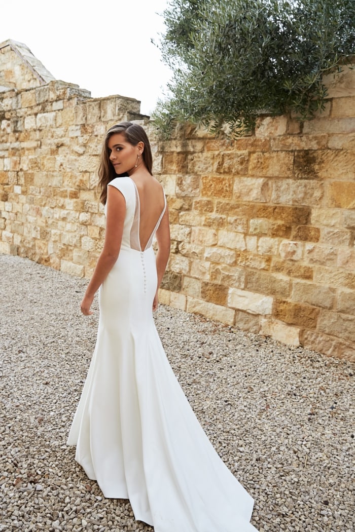 Open back wedding dress with cap sleeve