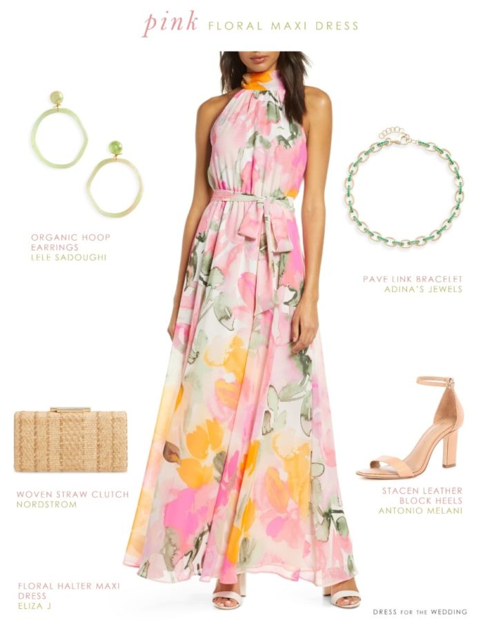 Pink and green and yellow floral print maxi dress for spring 2020