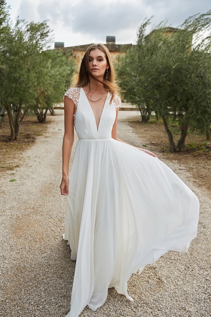 V neck cap sleeve goddess wedding dress