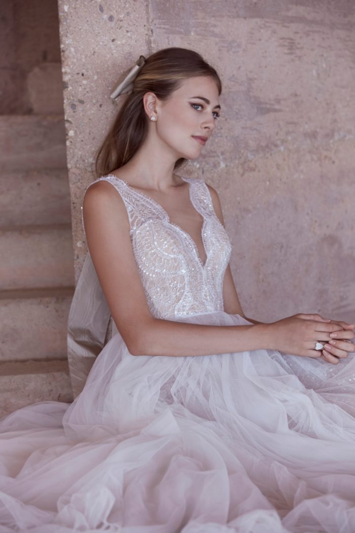 Lace bodice A line Wedding Dress with Plunge Neckline