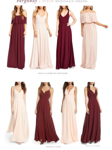 Mismatched Burgundy and Blush Bridesmaid Dresses