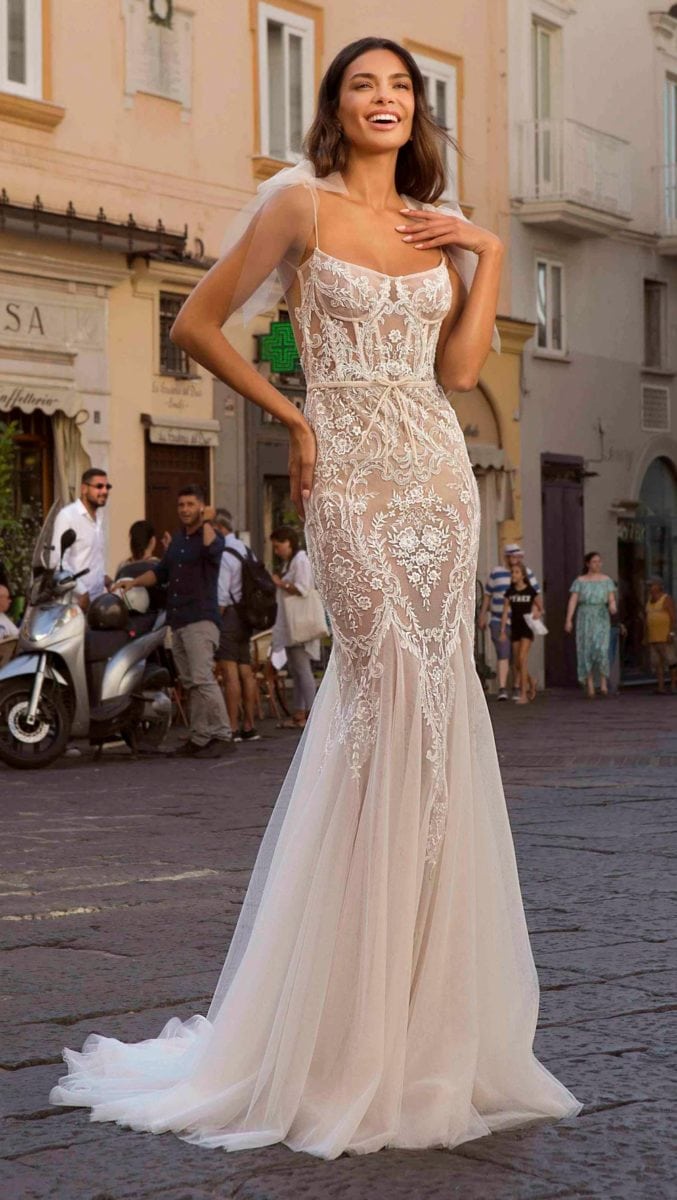 BERTA Privee Bridal Gown with Sheer lace spaghetti straps