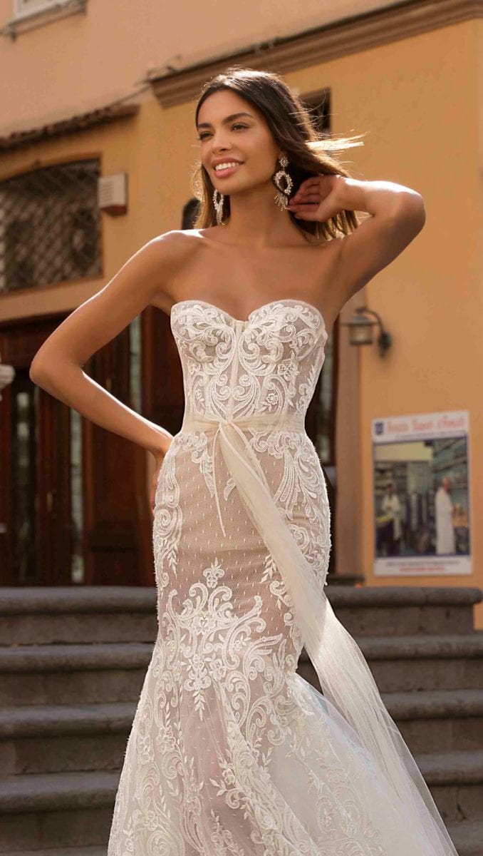 Strapless sheer lace wedding dress Berta Privee