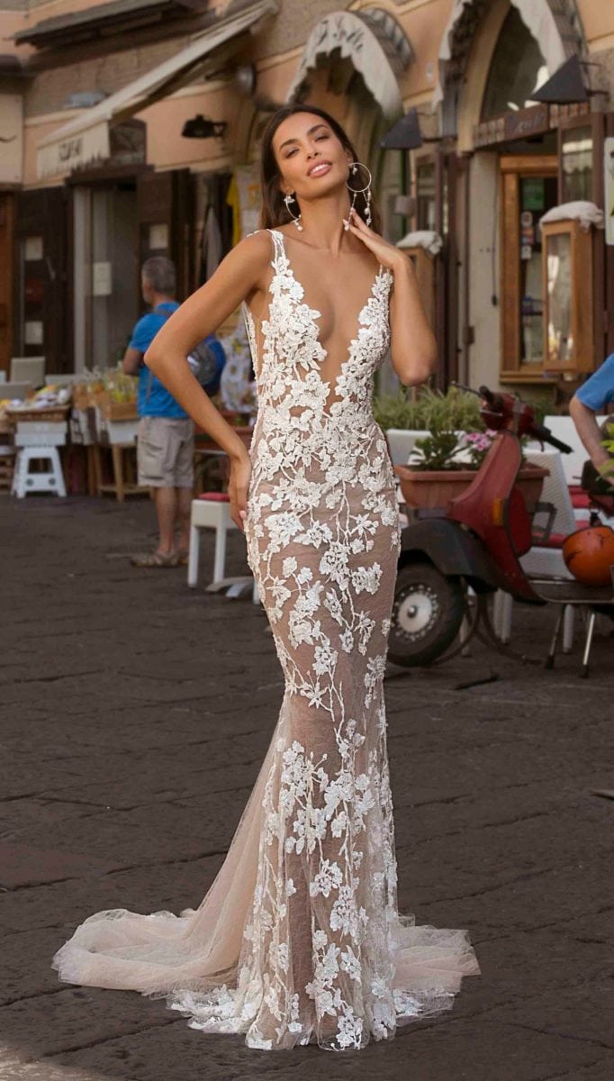 Sheer lace fitted V neck bridal gown