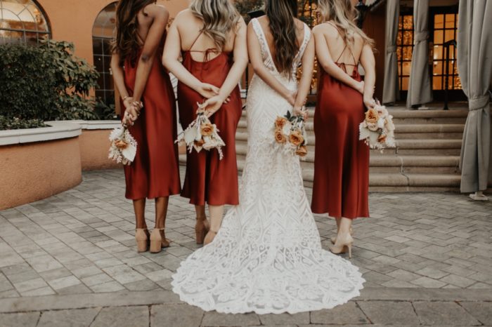 Auburn red satin bridesmaid dresses