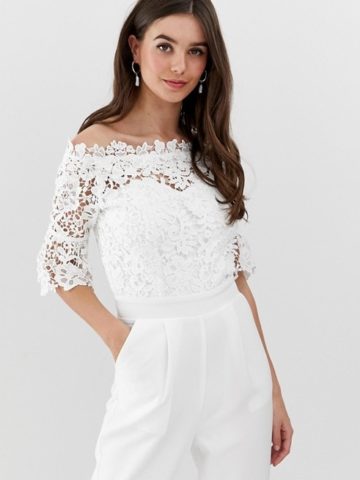 White lace off the shoulder bridal jumpsuit