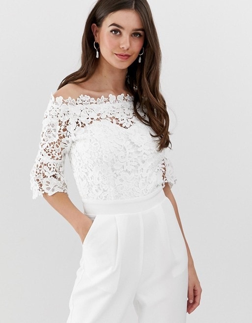 White lace off the shoulder bridal jumpsuit