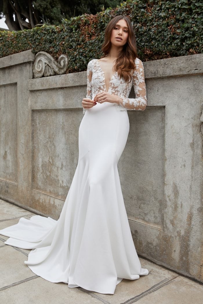 Long sleeve bridal gown with illusion v neck plunge