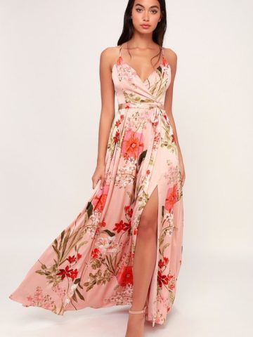 Floral print pink satin maxi dress with spaghetti straps