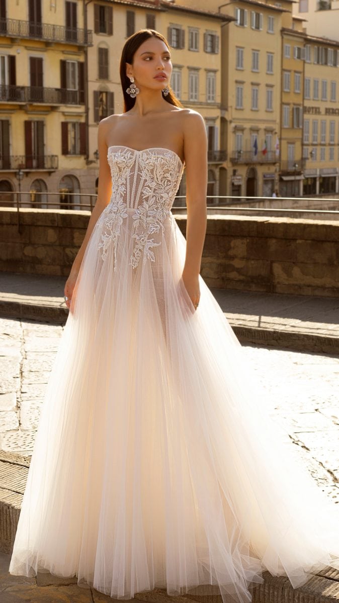 Tulle strapless wedding dress with embellished bodice