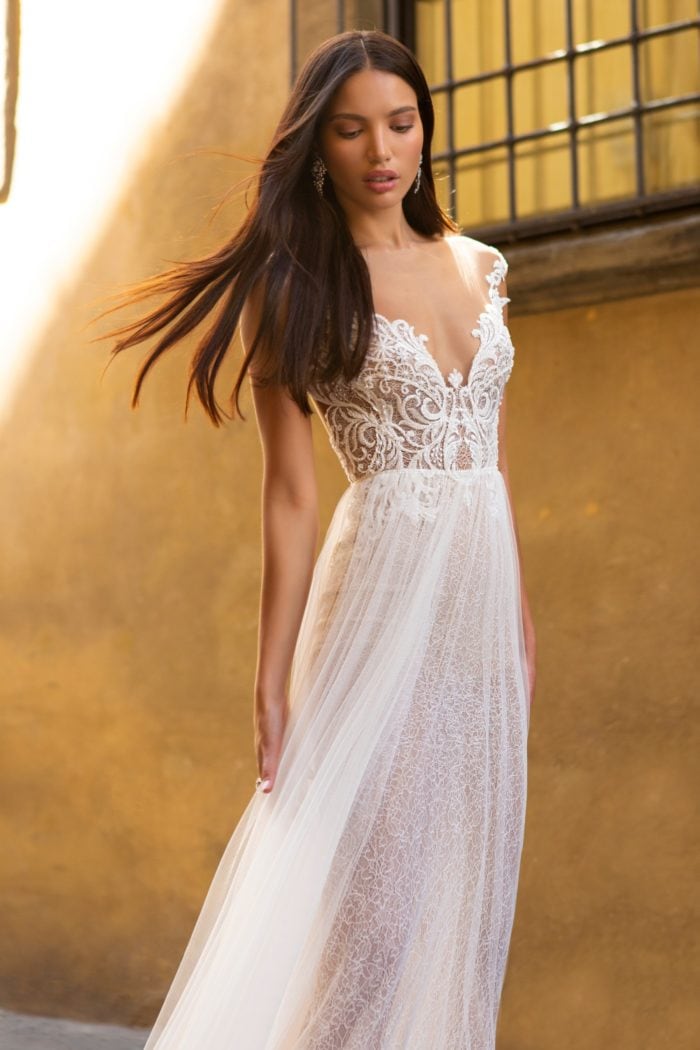 Fabienne Cap Sleeve Sheer lace plunge neckline bridal gown