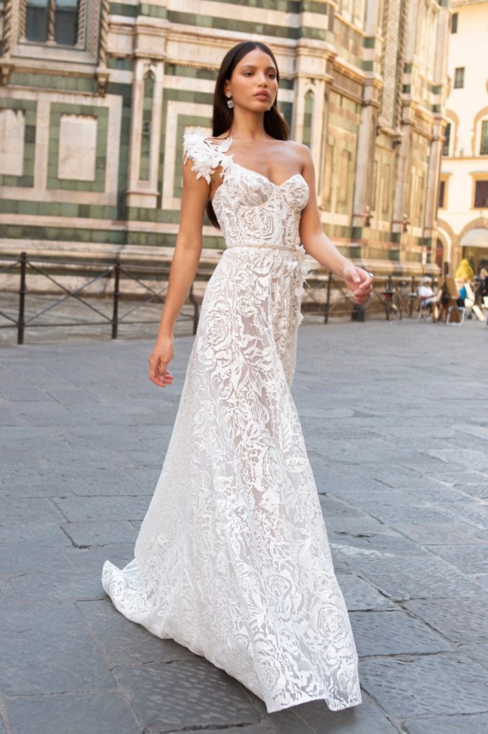 One shoulder lace wedding dress with corset bodice