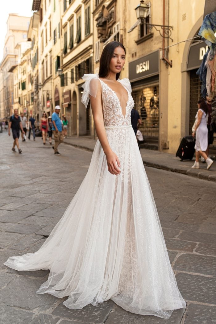 Plunge neck beaded designer wedding dress Filipa Muse by Berta