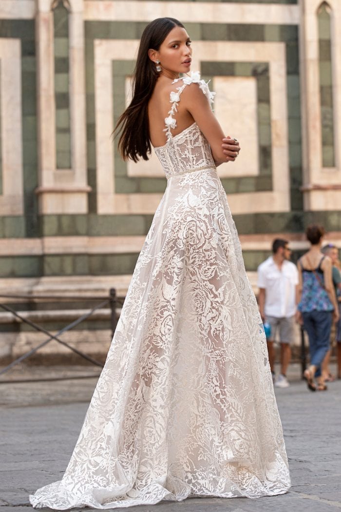 Sheer floral lace designer one shoulder bridal gown