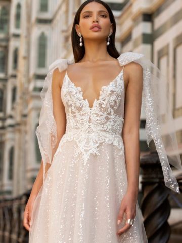 lace bodice v neck sequin tulle wedding dress