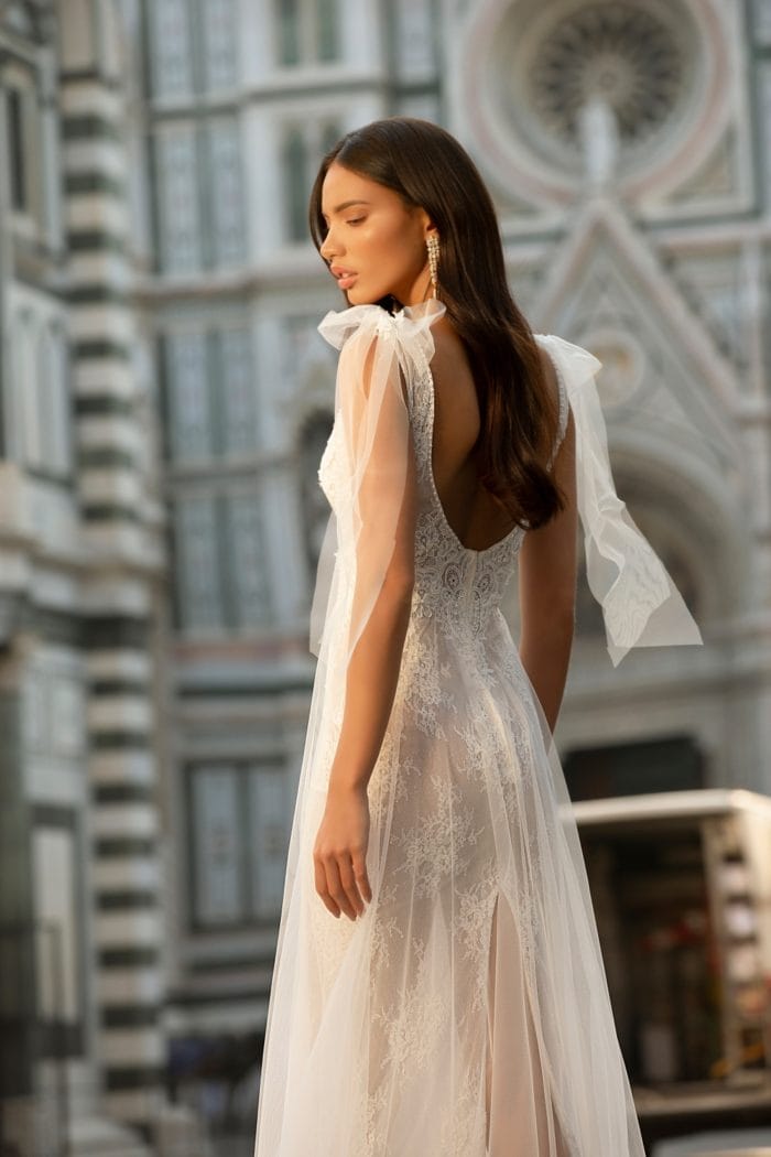 Muse by Berta Wedding Dress with tulle overlay and bows at shoulder