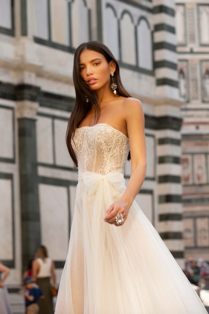 Strapless sheer lace and tulle wedding dress