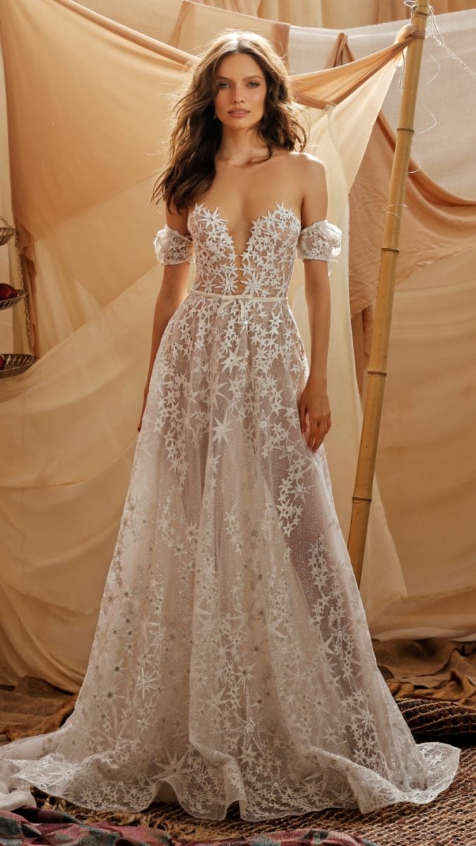 Off the shoulder plunge neck lace wedding dress