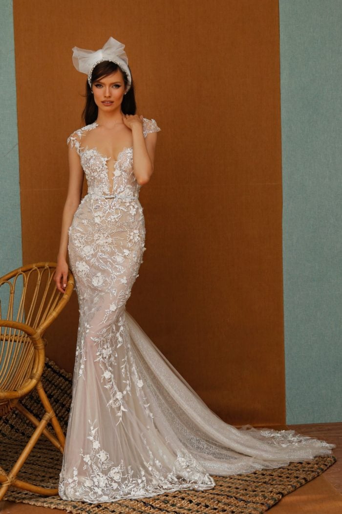 Cap sleeve sheer lace designer gown with plunge