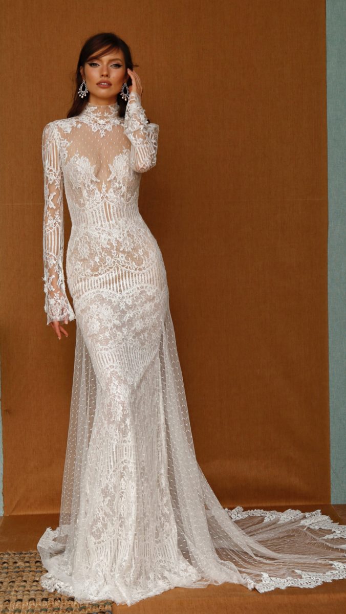 Long sleeve sheer lace swiss dot high neck bridal gown