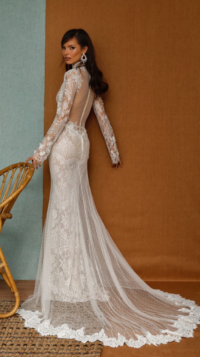 Sheer back High neck long sleeve designer wedding dress