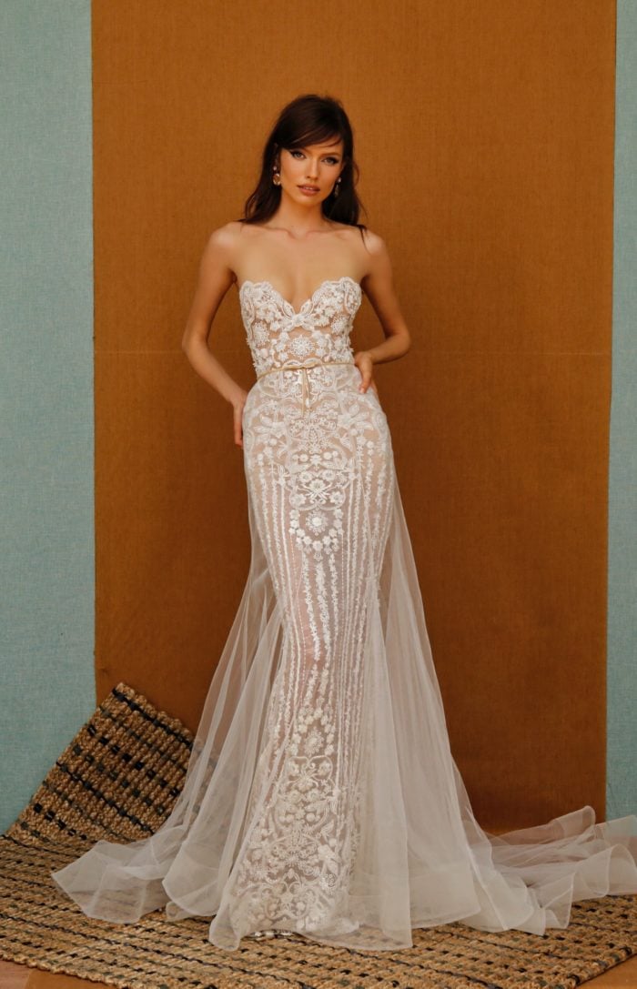 Strapless sheer embriodered designer bridal gown