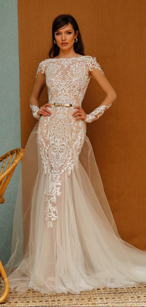 Cap sleeve embellished lace bridalgown with cuff sleeves