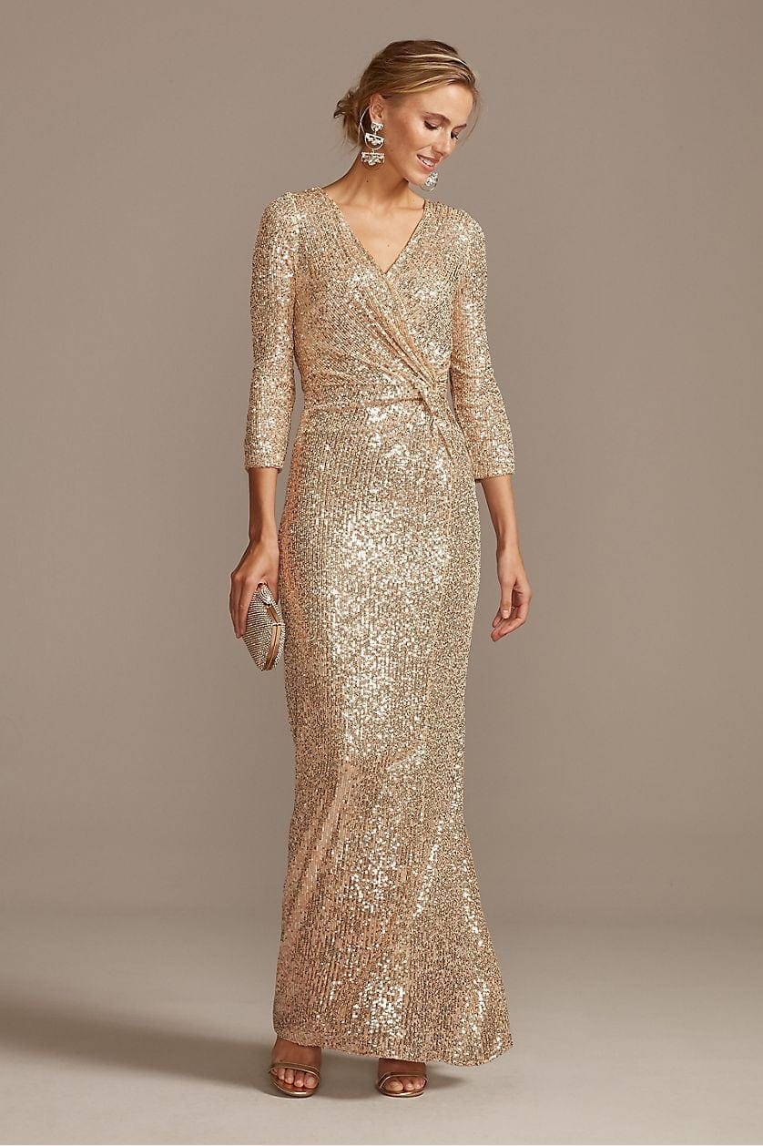 Gold Sequin Gown with Wrap Style and Long Sleeves | Dress for the Wedding
