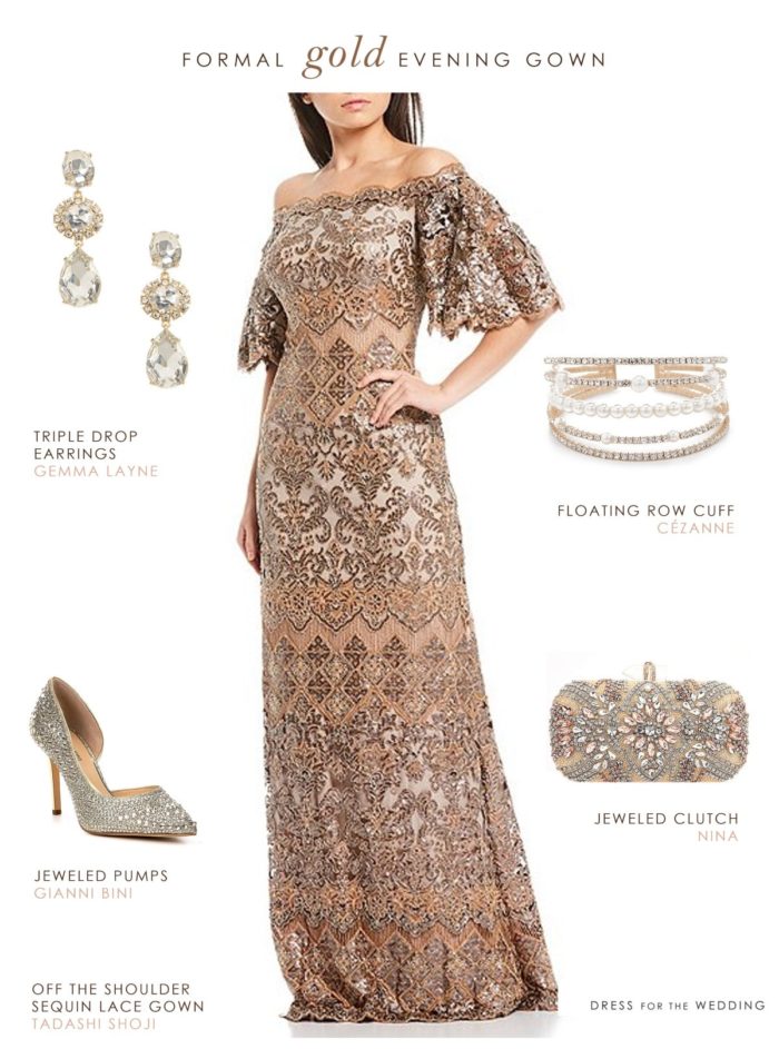 Formal evening outfit with gold gown and accessories