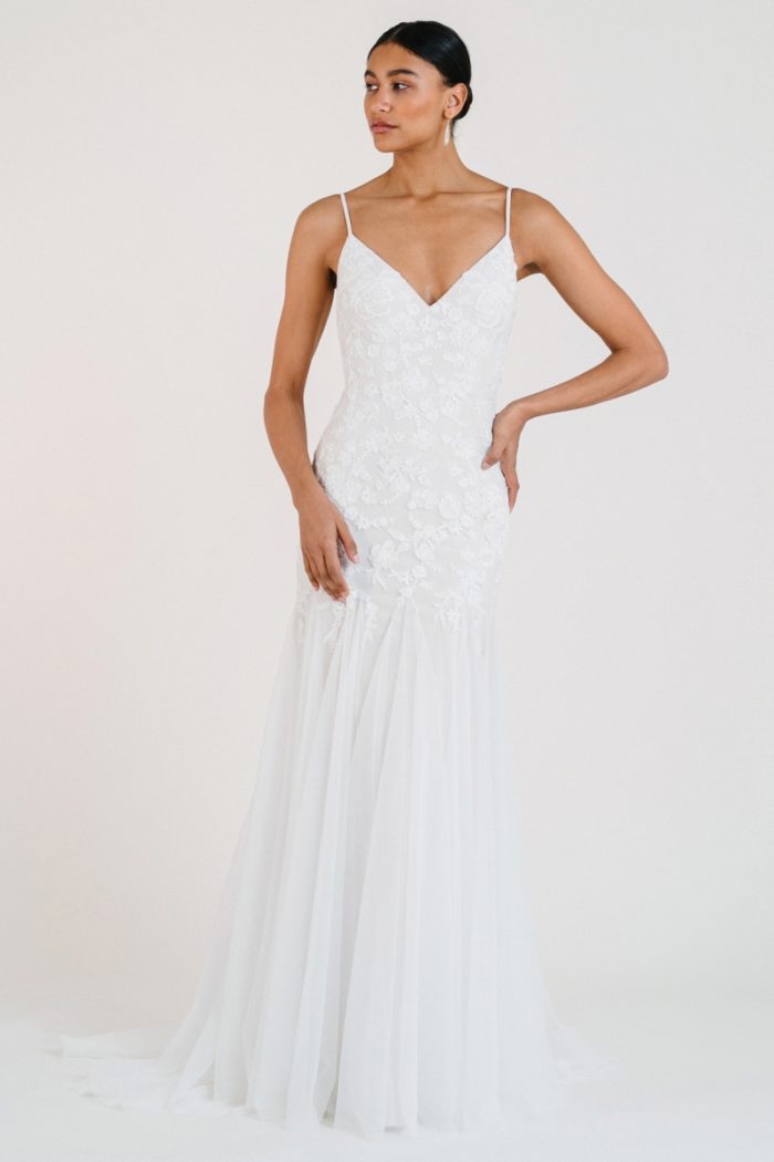 V neck spaghetti strap wedding dress