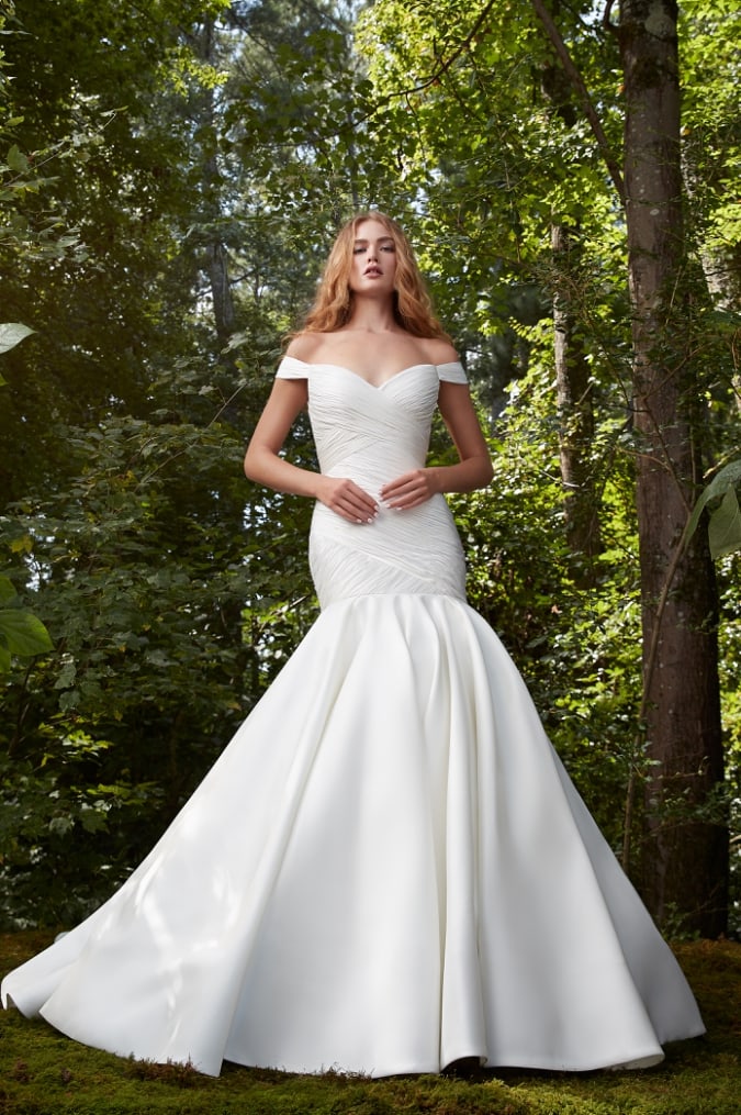 Off the shoulder bridal gown with wrapped bodice