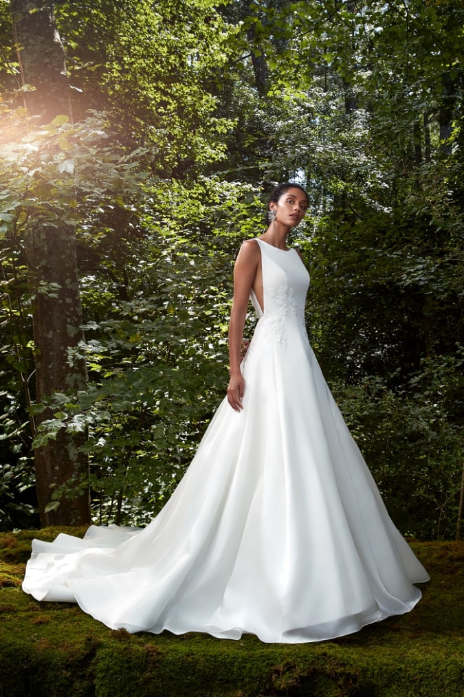 Ball gown wedding dress with boat neck bodice by Anne Barge