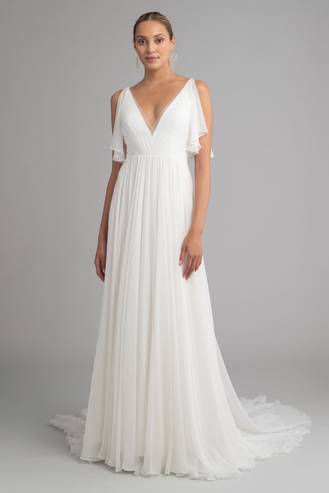 Flutter sleeve v neck goddess like wedding dress by Jenny Yoo